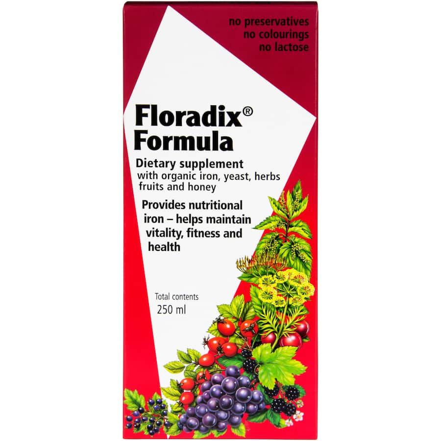 Floradix Iron & Vitamin Tonic, a herbal supplement for energy, combines organic iron and extracts to combat fatigue and support wellness.