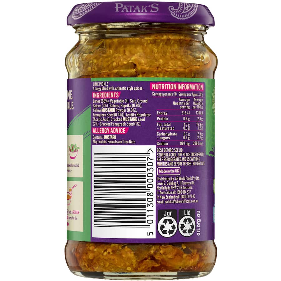 Tangy Patak's Pickle Lime Medium, made with juicy limes and spices, perfect for enhancing Indian dishes and dips.