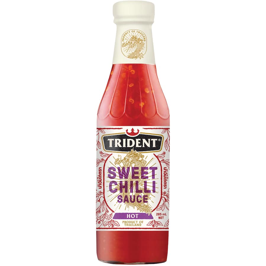 Trident Sweet Chilli Sauce Hot bottle, showcasing its vibrant red color and perfect blend of sweetness and heat for gourmet dishes.