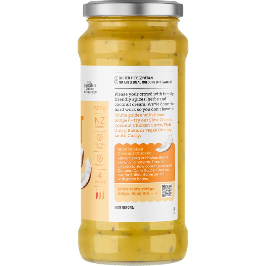 Barker's Meal Base Coconut Curry Sauce in a jar, featuring a creamy texture and vibrant flavor for quick, delicious meals.