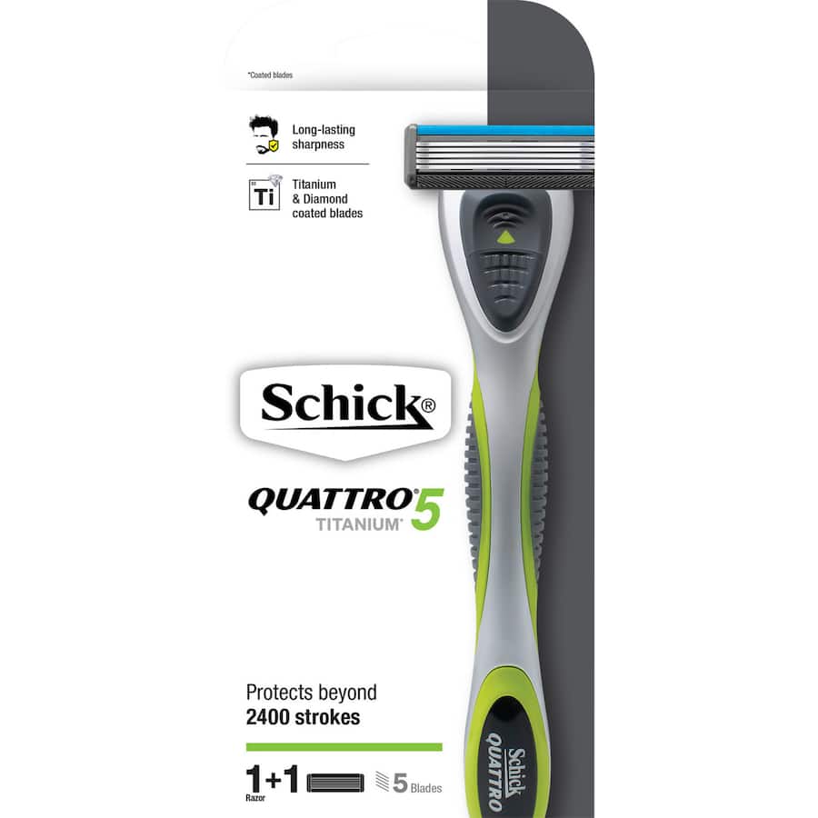 Schick Quattro Razor Titanium 5 with five titanium-coated blades for a smooth and precise shaving experience.