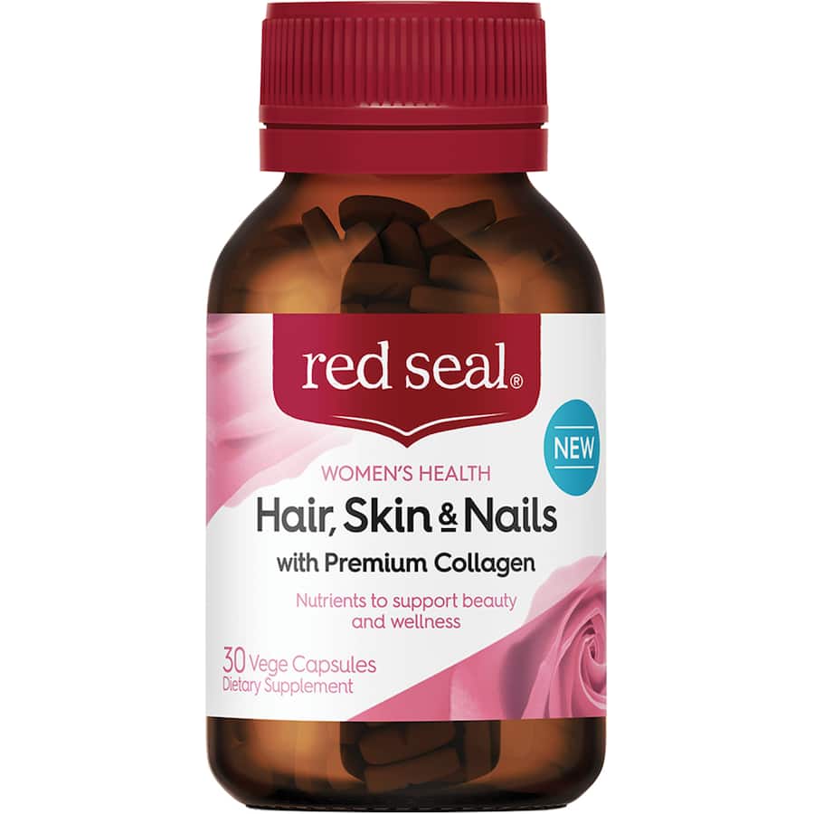 Red Seal Supplement for Hair, Skin & Nails with Collagen, promoting beauty and wellness with essential nutrients and marine collagen.