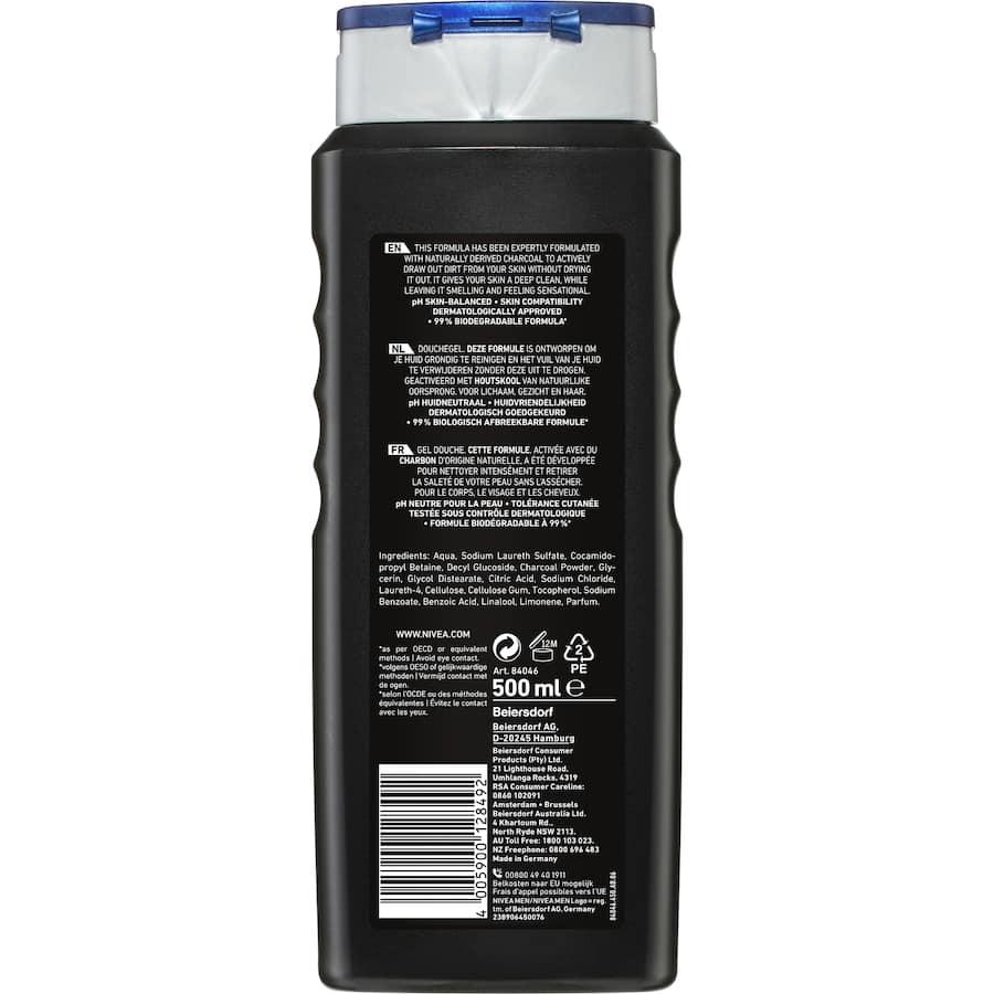 NIVEA MEN Shower Gel Active Clean with charcoal, for invigorating cleansing of skin, face, and hair, leaving freshness behind.