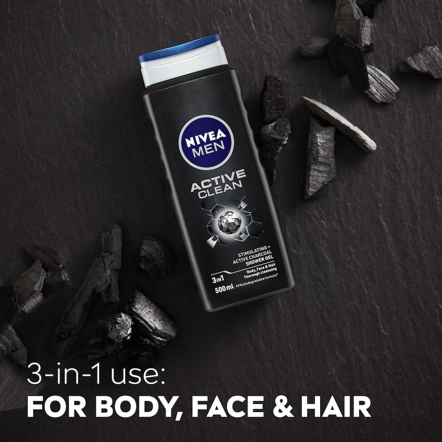 NIVEA MEN Shower Gel Active Clean with Active Charcoal effectively cleanses skin and hair while preserving moisture, leaving you refreshed.
