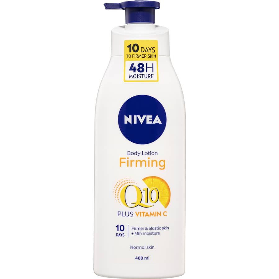 NIVEA Body Lotion Firming Q10 in a pump bottle, revitalizes skin with Q10 and Vitamin C for firm, hydrated skin in 10 days.