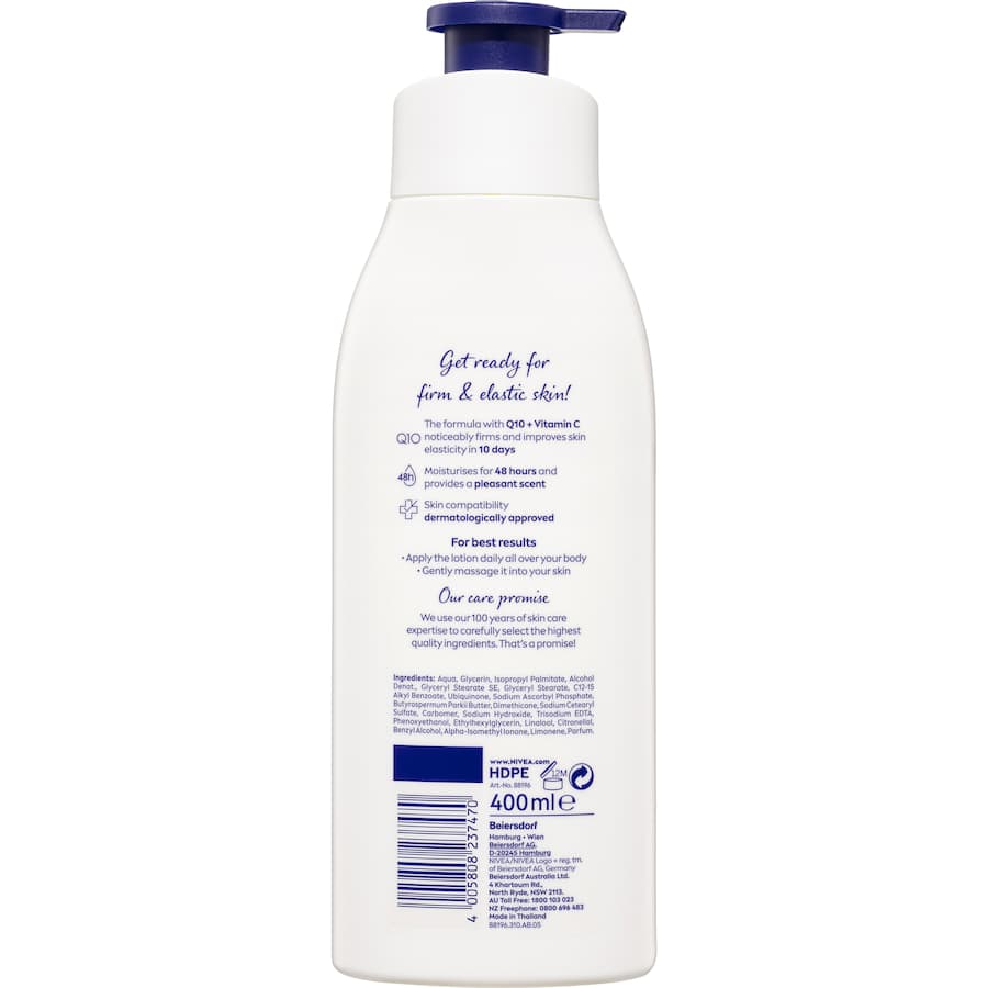 Nivea Body Lotion Firming Q10 in a pump bottle, enhances skin firmness and elasticity with Q10 and Vitamin C for 48-hour hydration.