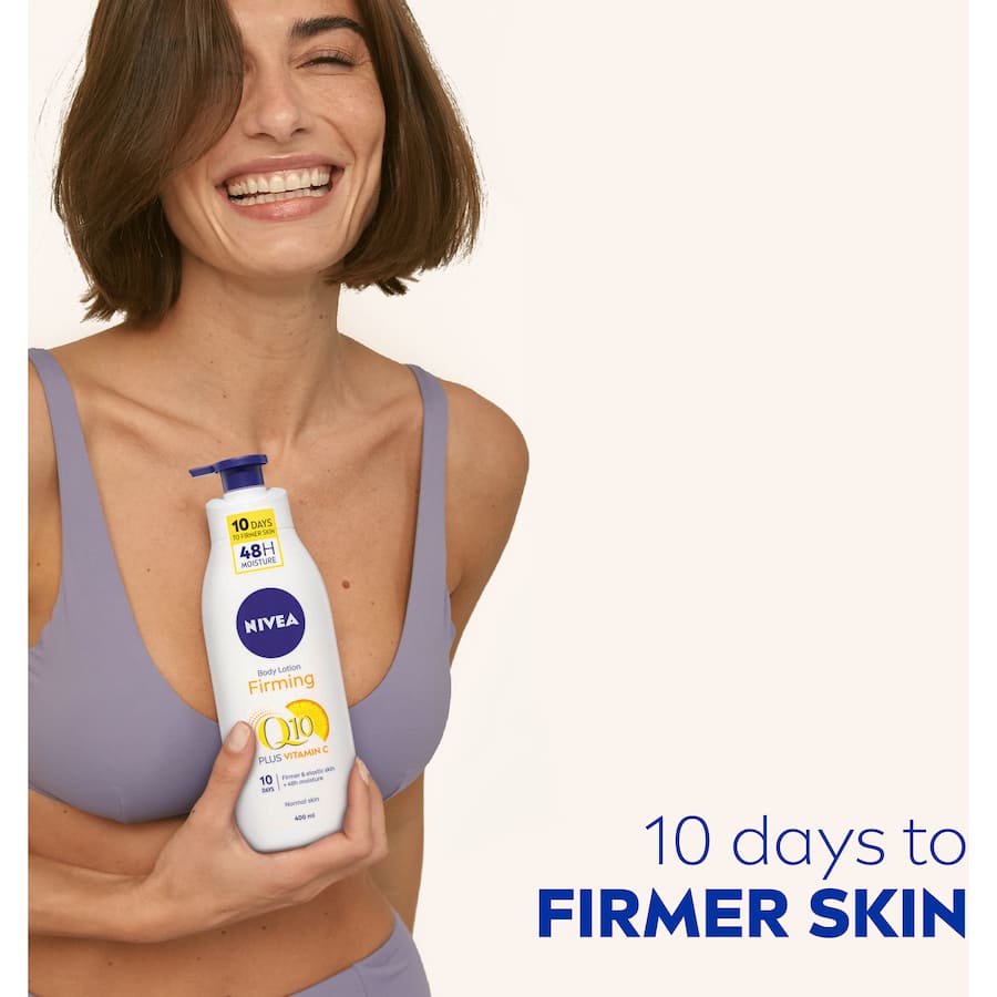Nivea Body Lotion Firming Q10 in a pump bottle, deeply hydrates for 48 hours, firming skin with Q10 and Vitamin C.