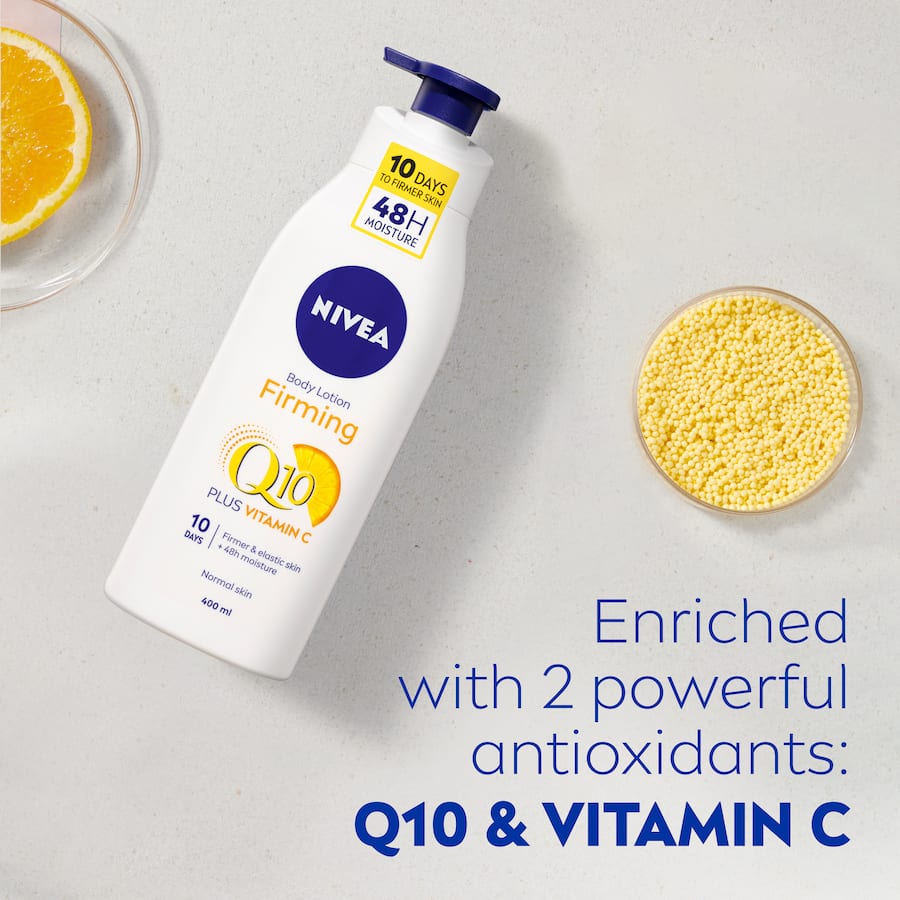 NIVEA Body Lotion Firming Q10 in a pump bottle, providing 48-hour hydration and improving skin elasticity in 10 days.