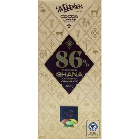 Whittaker's Dark Ghana 86% chocolate bar featuring rich cocoa flavor, nutty finish, and sustainable ingredients.