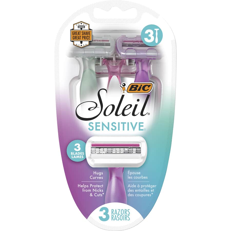 BIC Soleil Sensitive Disposable Razors with Comfort Shield, 3 flexible blades, and aloe vera strip for a smooth, gentle shave.
