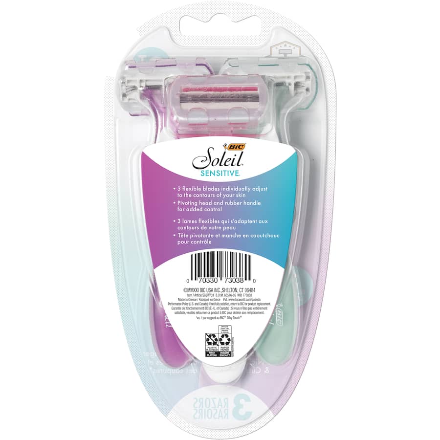 BIC Soleil Sensitive Disposable Razors pack of 3 for women, featuring a Comfort Shield and aloe vera strip for a gentle, smooth shave.