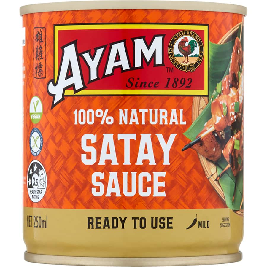 Bottle of Ayam Satay Sauce Mild, a versatile gluten-free sauce perfect for grilling, marinating, or dipping dishes.