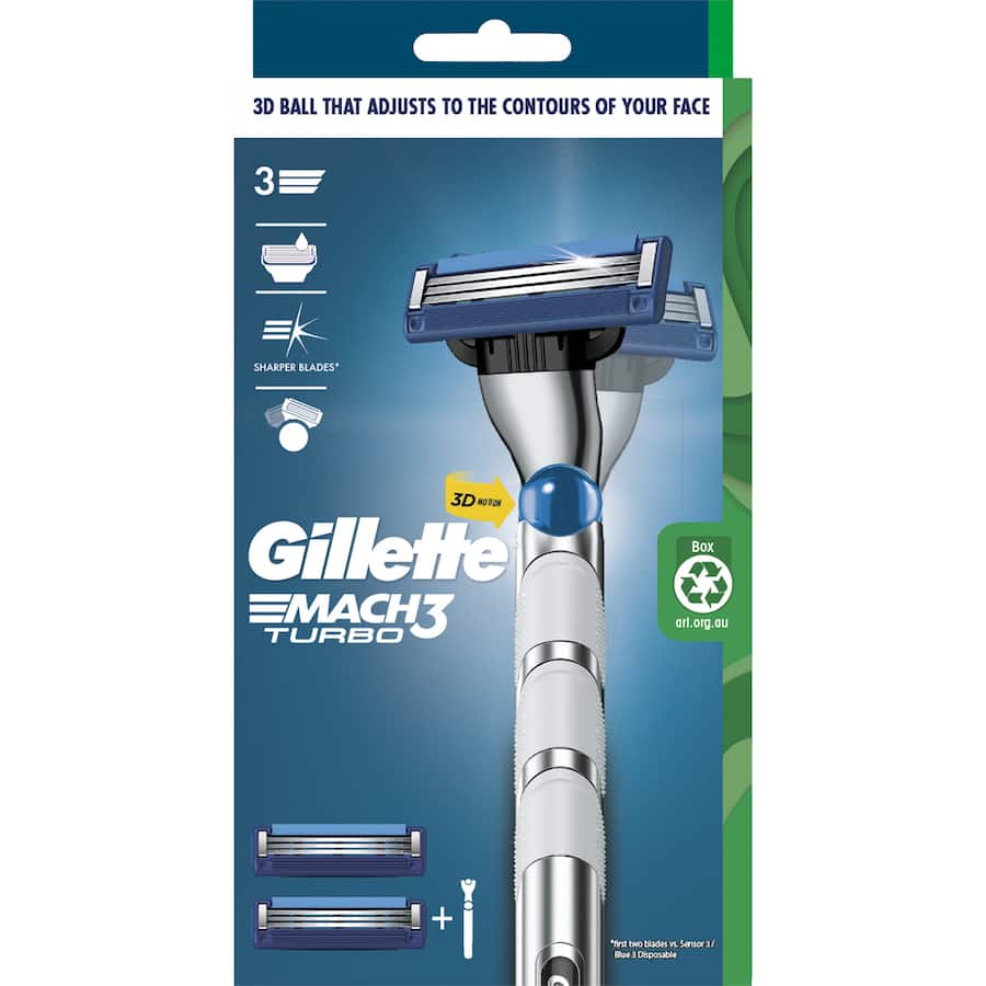Gillette Mach 3 Turbo 3D Razor with 2 refills, featuring adaptive blades for a smooth, close shave and enhanced skin comfort.
