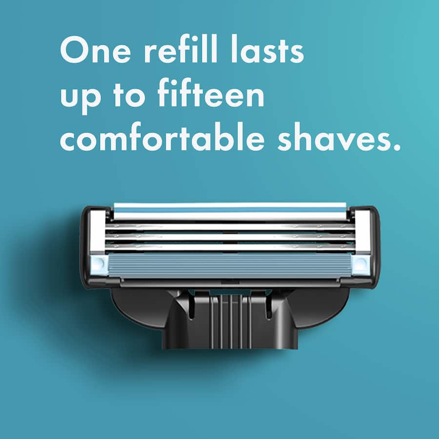 Gillette Mach 3 Turbo 3D razor with 2 refills, featuring adaptive blades and a Lubrastrip for a smooth, close shave.