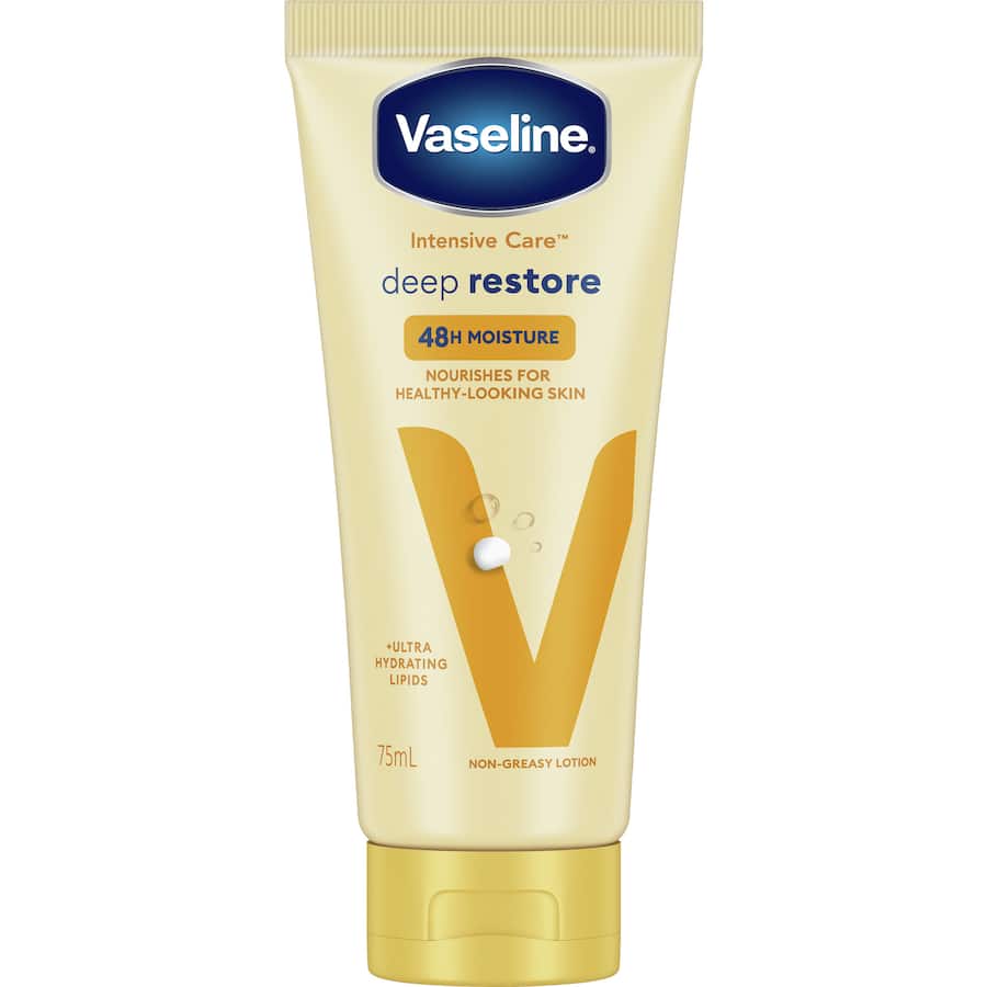 Vaseline Body Lotion Deep Restore: nourishing lotion with oat extract and jelly for deeply hydrated, soft skin.