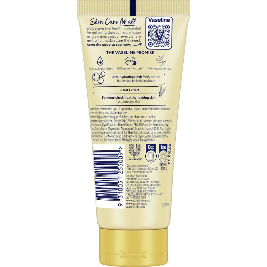 Vaseline Body Lotion Deep Restore bottle, enriched with oat extract, offers deep hydration for dry skin, promoting a healthy glow.