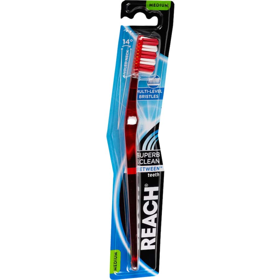 Reach Between Toothbrush Medium featuring multi-level bristles for deep cleaning, rounded ends for gentle care, and plaque removal.