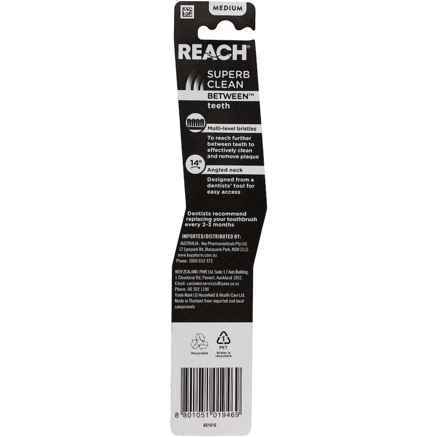 Reach Between Toothbrush Medium with multi-level bristles for deep cleaning, rounded ends for gentle gum protection.