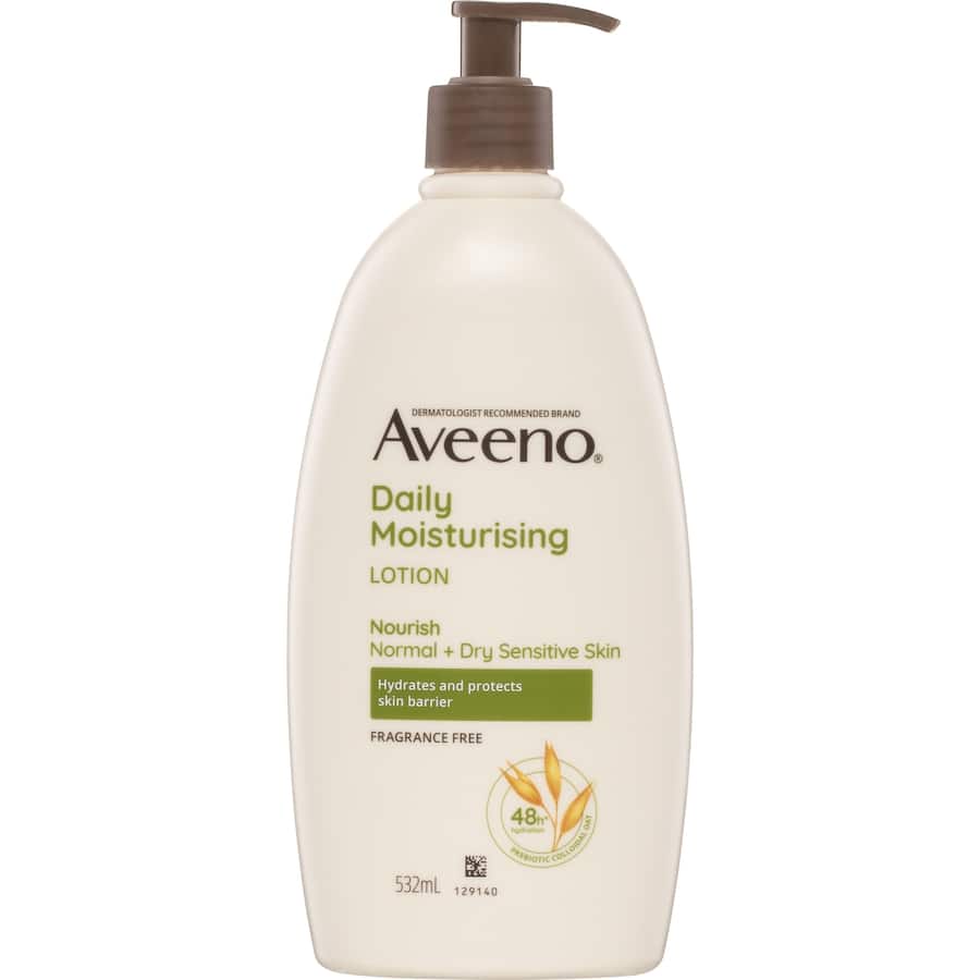 Aveeno Body Lotion Daily, fragrance-free lotion for sensitive skin, offers 48-hour hydration with prebiotic colloidal oat formula.
