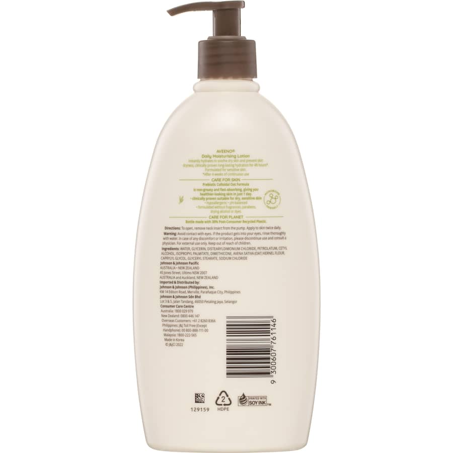 Aveeno Body Lotion Daily: Fragrance-free, hydrating lotion for sensitive skin, enriched with prebiotic oat for lasting moisture.
