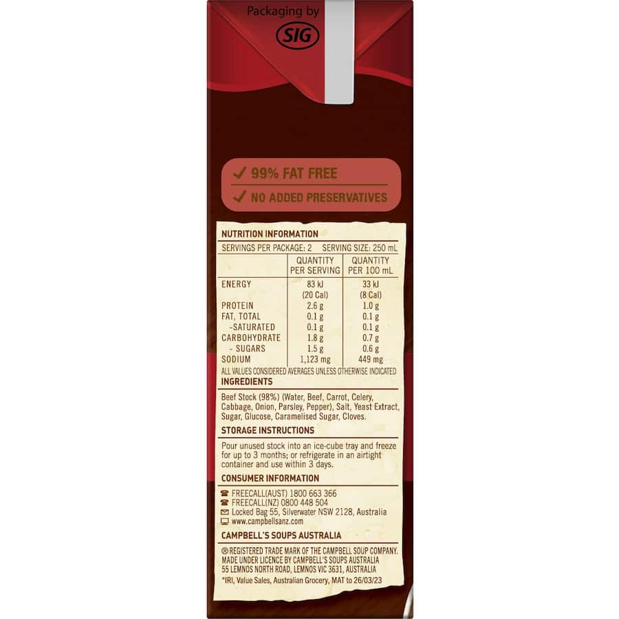 A bottle of Campbell's Real Stock Beef Stock Liquid, 100% natural, 99% fat-free, ideal for enhancing various gourmet dishes.