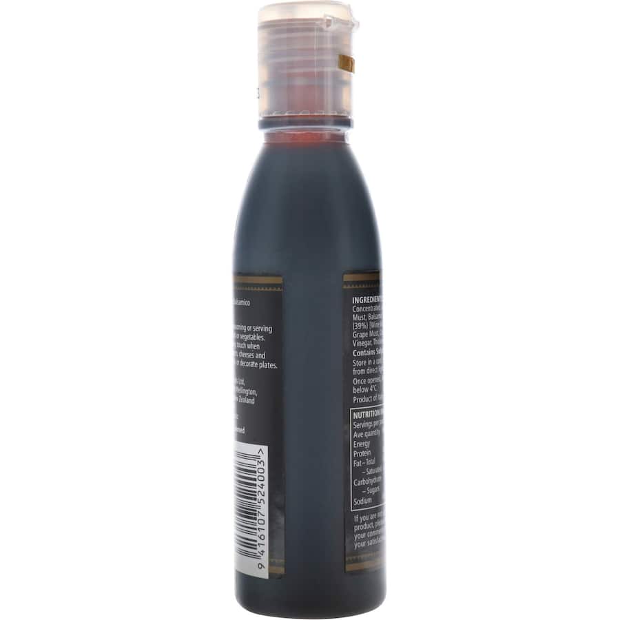 Delmaine Balsamic Vinegar Glaze: thick, rich syrup made in Modena, ideal for enhancing salads, meats, seafood, and desserts.