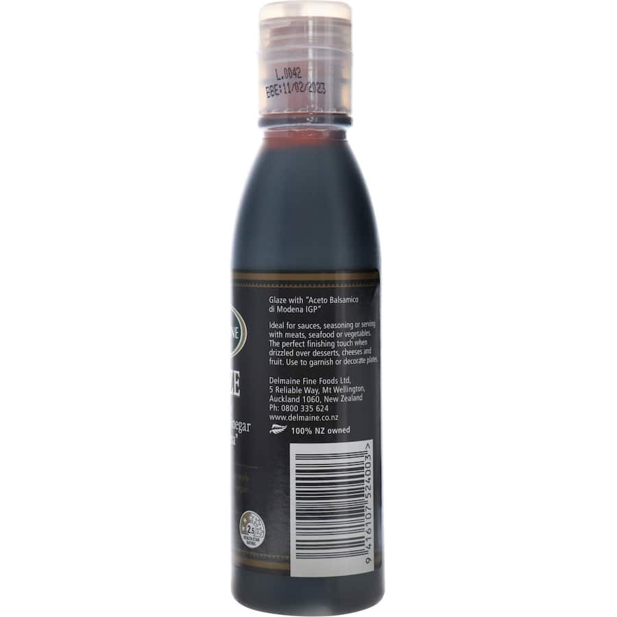 Delmaine Balsamic Vinegar Glaze, a thick, 100% natural glaze ideal for enhancing dishes and desserts with rich Italian flavor.