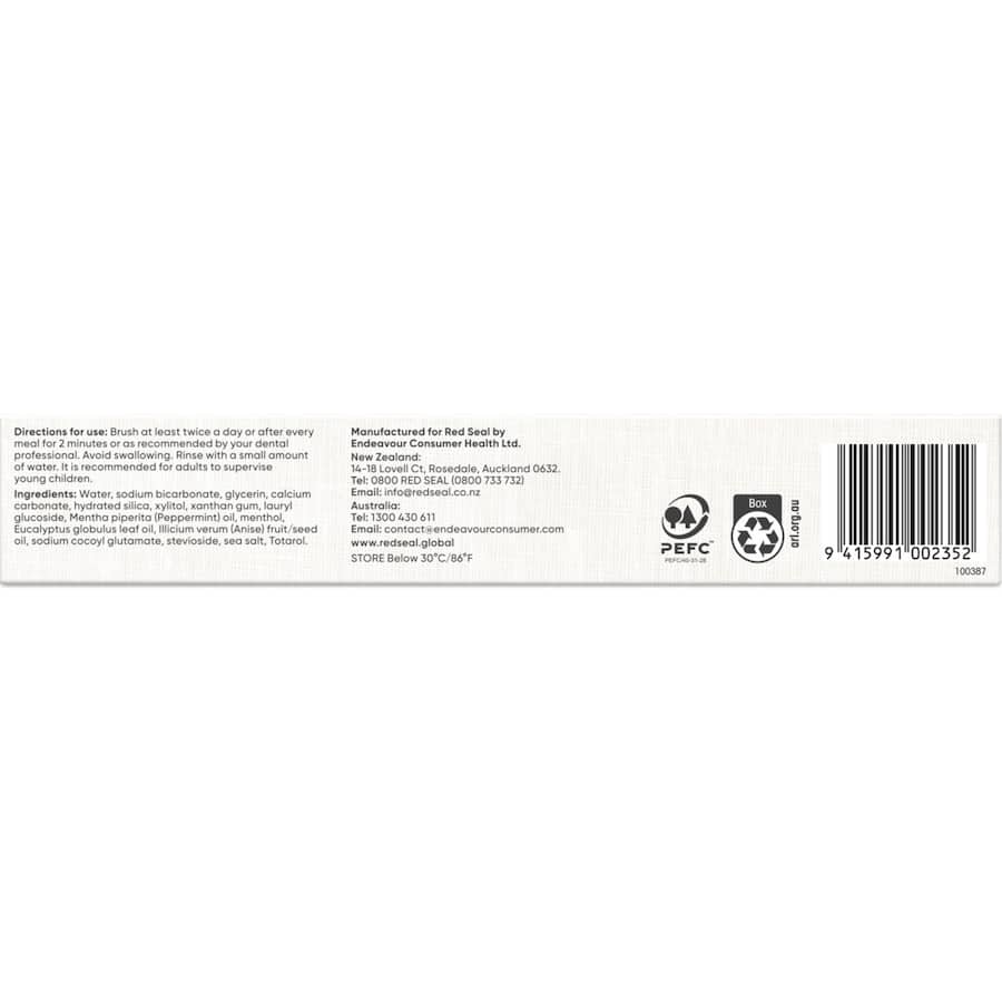 Red Seal Baking Soda Toothpaste in a tube, featuring natural ingredients for effective oral care and a refreshing mint flavor.