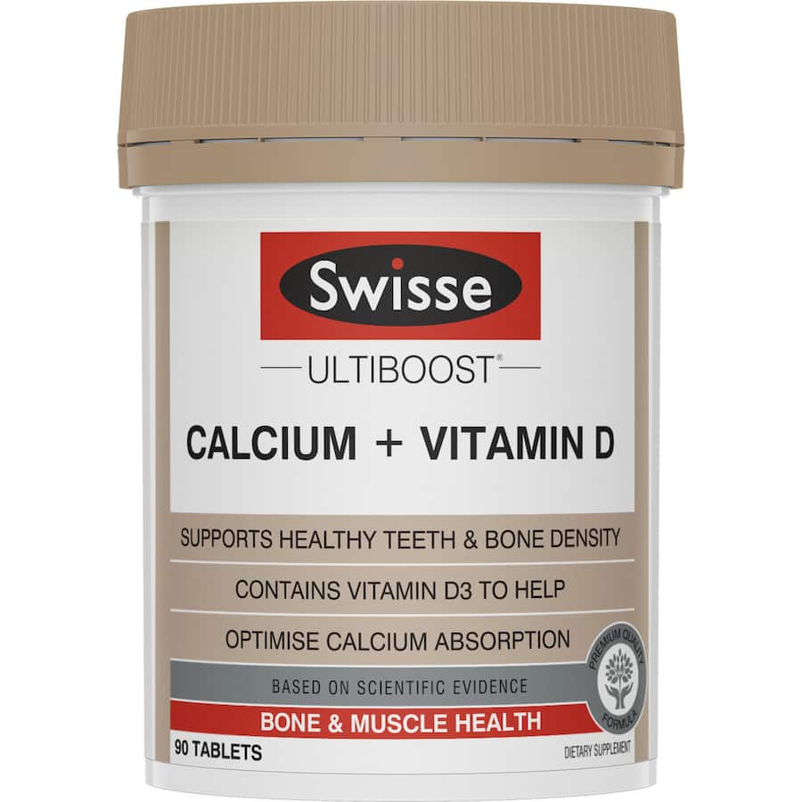 Swisse Ultiboost Calcium Plus Vitamin D tablets for bone health, optimal calcium absorption, and support for healthy teeth.