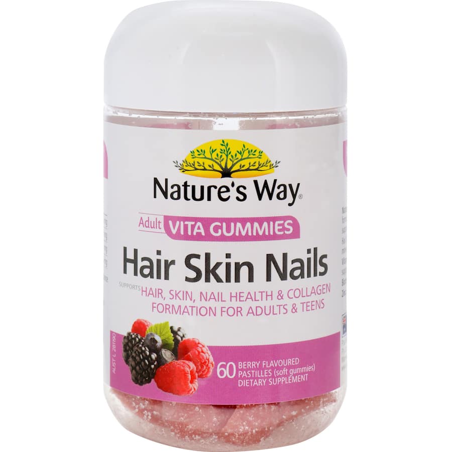 Berry-flavored gummies packed with vitamins C, E, biotin, and zinc for healthy hair, skin, and nails.