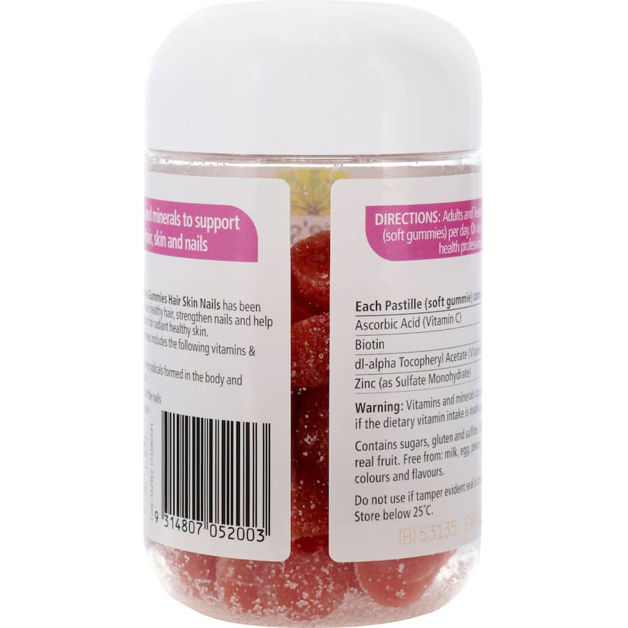 Berry-flavored gummies for hair, skin, and nails, packed with vitamins C, E, biotin, and zinc for beauty support.