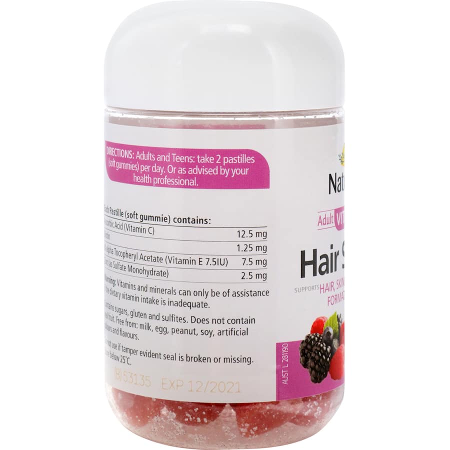 Berry-flavored gummies for healthier hair, skin, and nails with vitamins C, E, biotin, and zinc for radiant beauty.