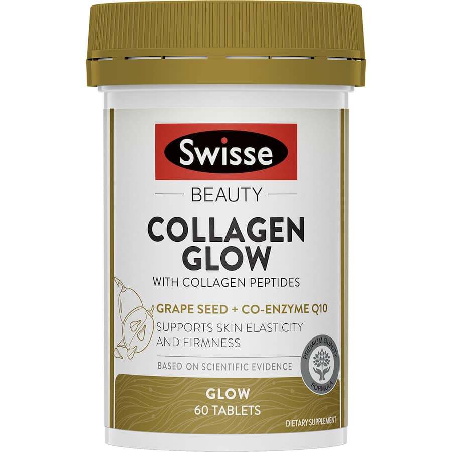 Swisse Beauty Collagen Glow supplement enhances skin radiance, supports elasticity, and fights free radicals with antioxidants.