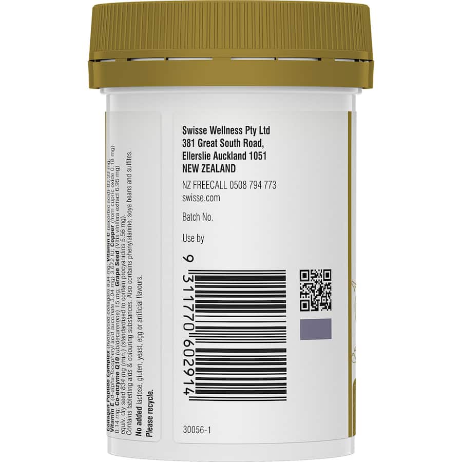 Swisse Beauty Collagen Glow supplement with collagen peptides, grape seed, and CoQ10 for radiant, firm, and elastic skin.