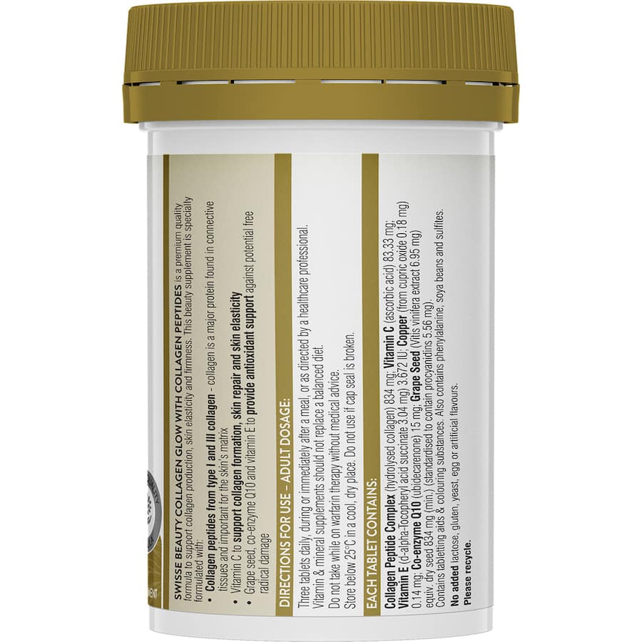 Swisse Beauty Collagen Glow supplement enhances skin radiance with Collagen Peptides, Grape Seed, and Co-Enzyme Q10 for youthful appearance.