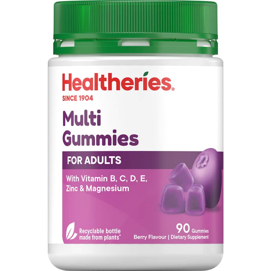 Colorful Healtheries Multi-vitamins Adult Gummies in berry flavor, promoting wellness with essential vitamins for busy adults.
