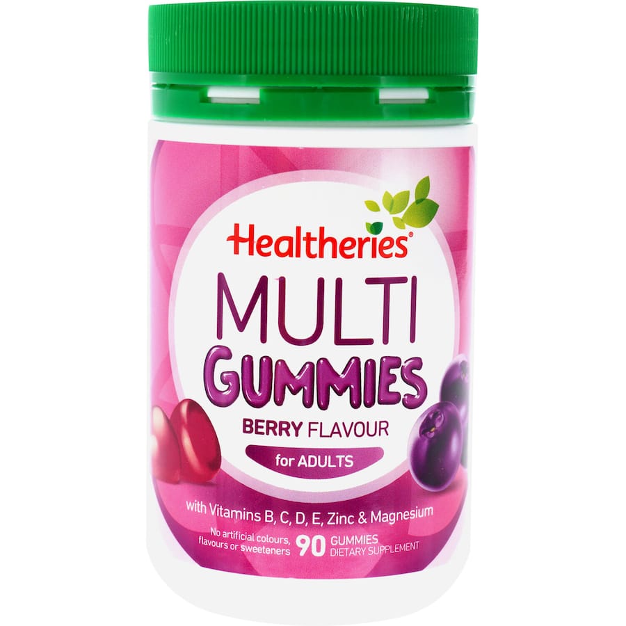 Healtheries berry-flavored adult gummies packed with essential vitamins for immune support and overall wellness.