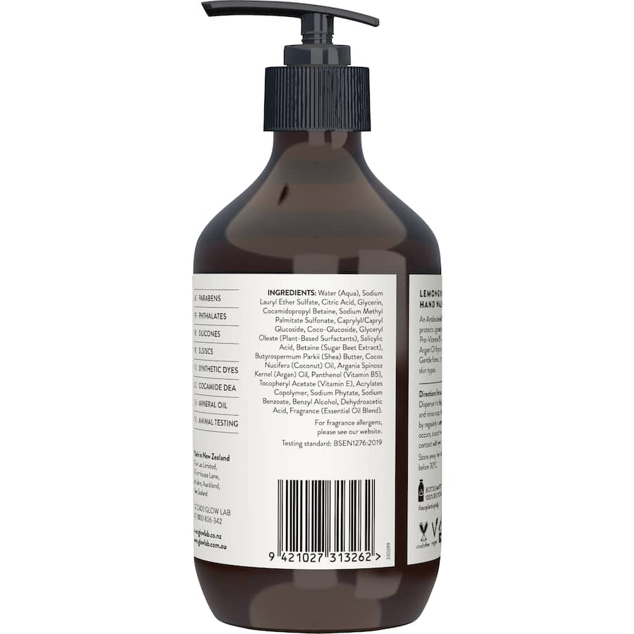 Refreshing antibacterial hand wash with lemongrass and lime, enriched with vitamins to cleanse and hydrate skin.