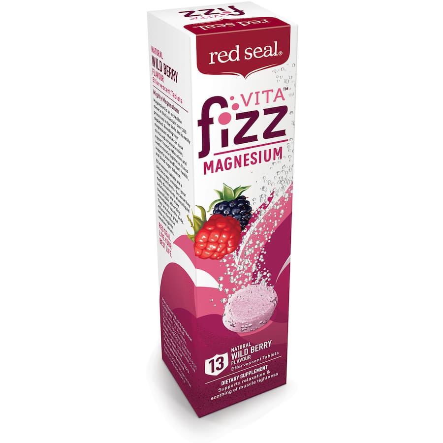 Effervescent wild berry magnesium tablet dissolving in water, promoting relaxation and soothing muscles for daily wellness.