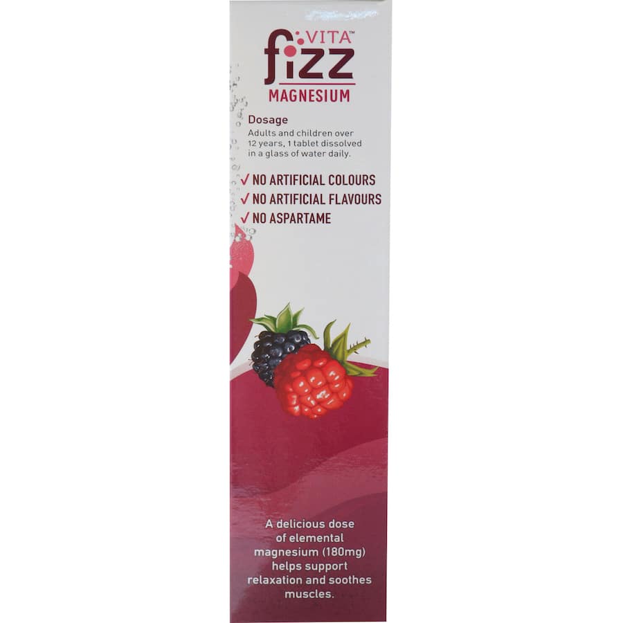Effervescent wild berry magnesium tablets that promote relaxation and ease muscle tension for daily wellness.