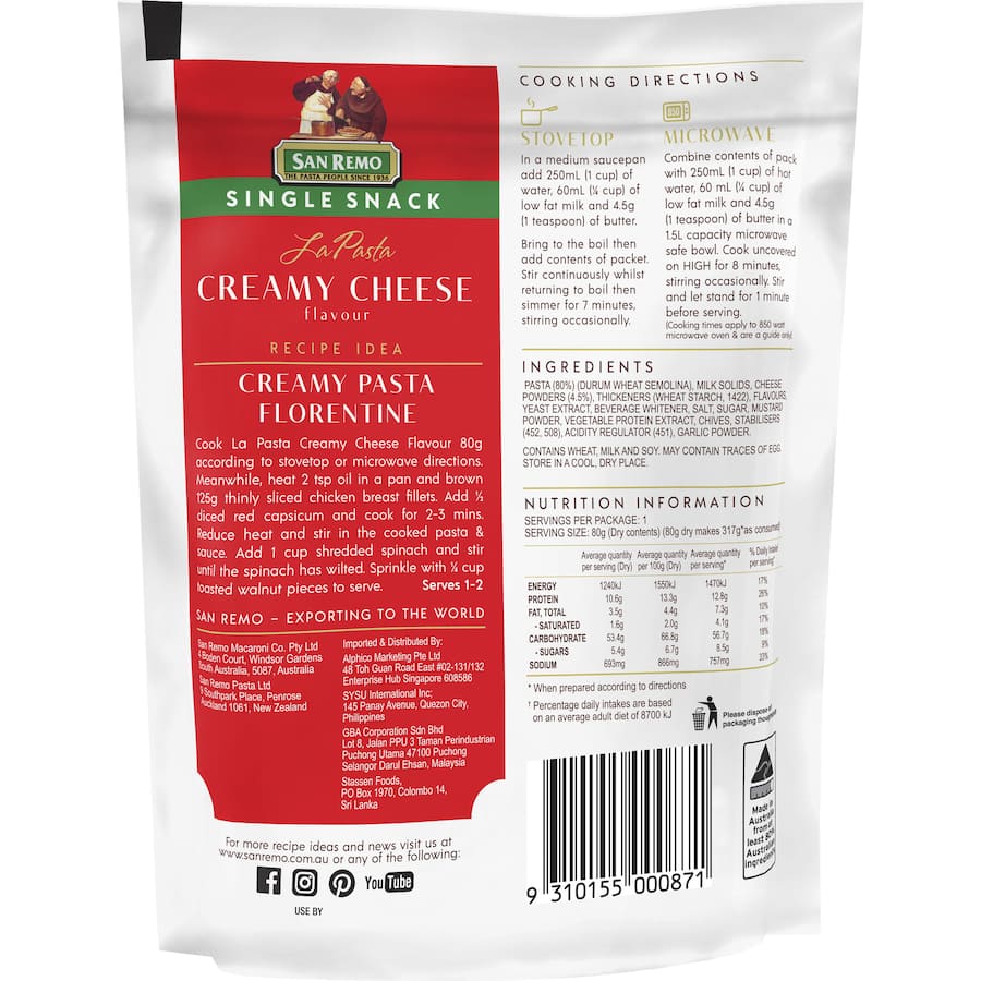 San Remo La Pasta Pasta & Sauce Creamy Cheese Single snack 80g