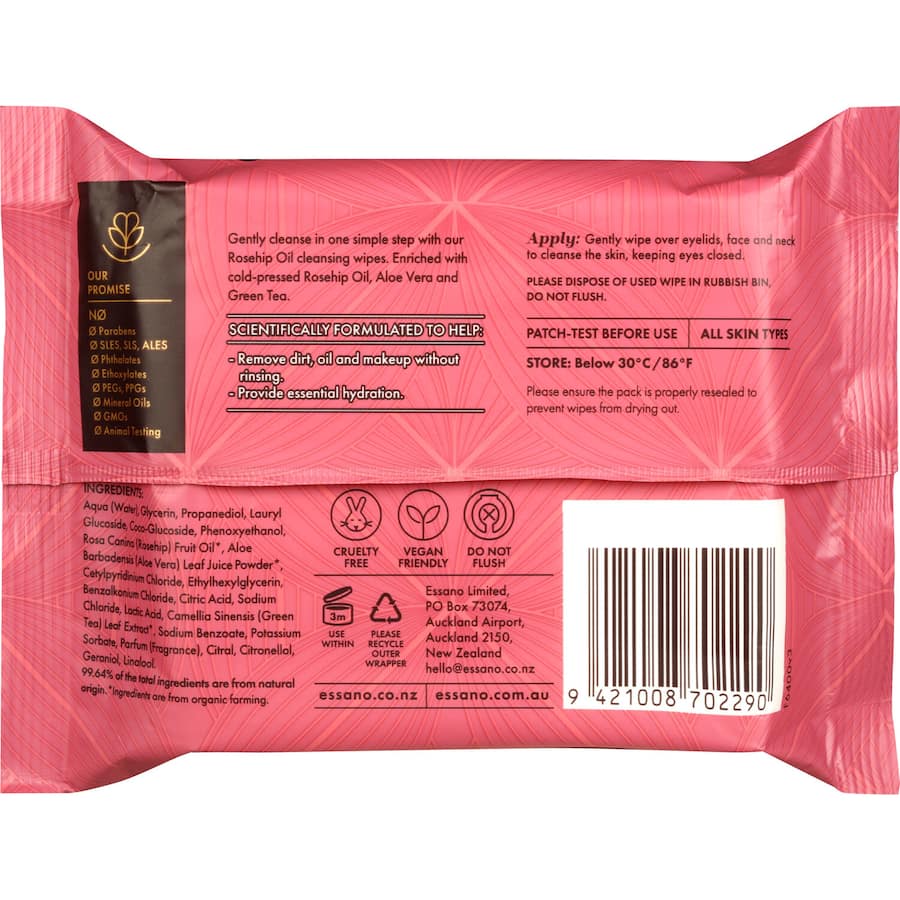 Essano Facial Wipes for gentle cleansing, enriched with rosehip oil, aloe vera, and green tea for refreshing on-the-go skincare.