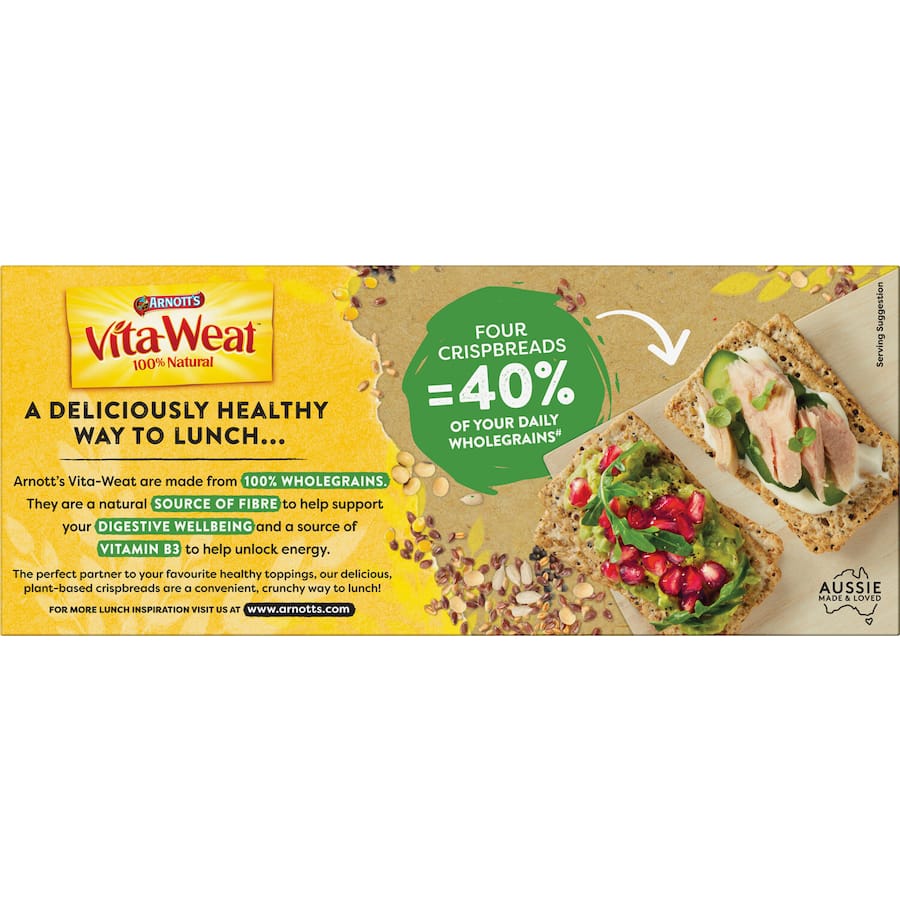 Arnotts Vita Weat Crispbread 9 Grains, 100% natural, high in fiber with a blend of nine grains, linseed, and soy.
