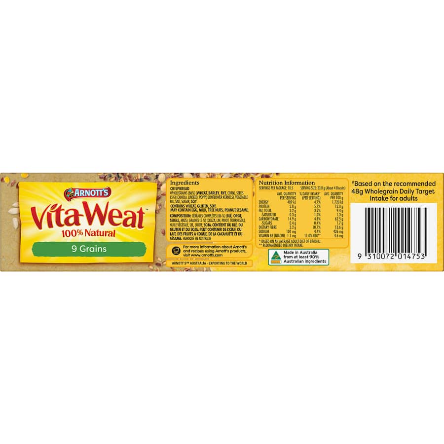 Arnotts Vita Weat Crispbread featuring 9 grains, high in fiber, natural, cholesterol-free, and perfect for healthy snacking.