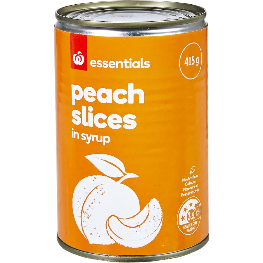 Canned Essentials Peaches in Syrup, perfect for adding natural sweetness to desserts, salads, and yogurts.