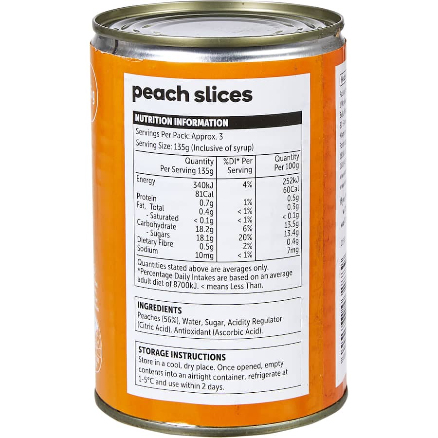 A can of Essentials Peaches in Syrup, featuring juicy handpicked peaches in sweet syrup, perfect for various culinary uses.