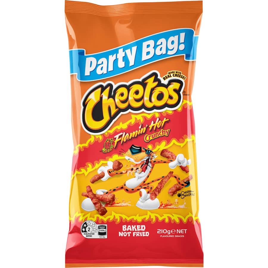 Cheetos Crunchy Flamin' Hot Party Bag filled with spicy, crispy snacks perfect for sharing at gatherings and events.