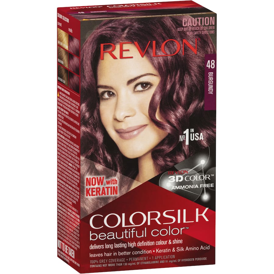Luxurious Revlon Hair Colour 48 Burgundy with 3D Colour Gel Technology for vibrant, multi-dimensional results and healthy shine.
