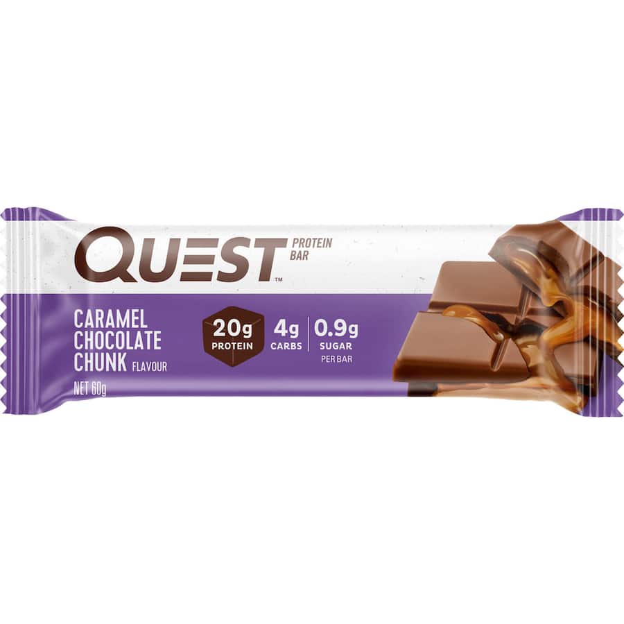Chocolate Caramel Chunk Quest Bar, a protein-packed snack with 21g protein, low-carb, gluten-free, ideal for health-conscious individuals.