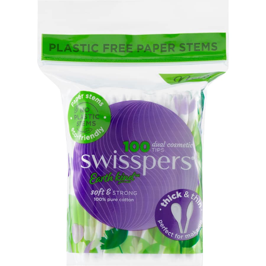 Swisspers Cosmetic Tips featuring dual-headed cotton swabs for precise makeup application and touch-ups, made with natural cotton.